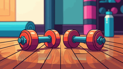 Dumbbells on wooden gym floor ready for workout.