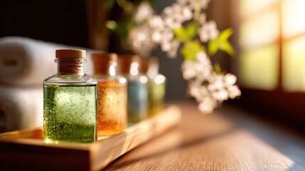 Luxury Spa Aromatherapy Oils in Glass Bottles with Natural Light and Floral Background.