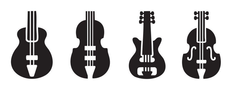 Four different string musical instruments are depicted as black silhouettes, representing various types of guitars, violins, and cellos in a simple graphic style.