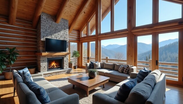 Log cabin living room with stone fireplace and large windows. Comfortable sofas face mountains. Wood interior beams ceiling offer cozy feel.