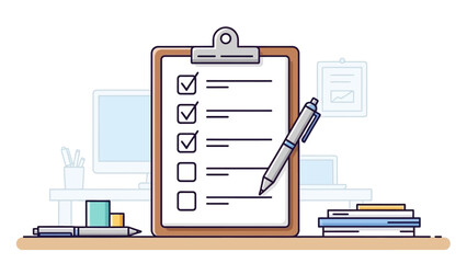 Clipboard Check List On Desk With Pen And Books.