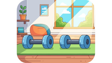 Cozy home gym with dumbbells and plants.