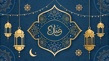 Elegant Blue and Gold Eid Mubarak Celebration with Lanterns, Spiritual Festivity, Islamic Design, Sacred Tradition, AI Generated