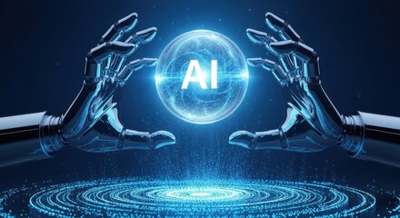 Robotic hands gently holding glowing sphere with artificial intelligence