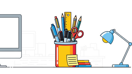 Colorful Illustrated Desk Top Workspace with Stationery.