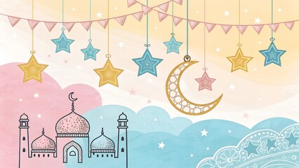 Watercolor Mosque and Stars for Islamic Festivities, Spiritual Celebration, Sacred Architecture, Festive Night Scene, AI Generated