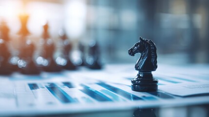 Black chess knight piece on financial graph analysis table with blurred background, strategic planning and competitive thinking in business environment