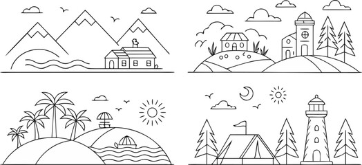 a collection of minimalist line-art landscape icons, featuring mountains, city buildings, farms, houses, palm trees, lakes, rivers, lighthouses, forests, windmills, and tents &mdash; simple geometric outlin