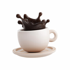 3D white coffee cup with chocolate splash, hot drink concept isolated on transparent background.