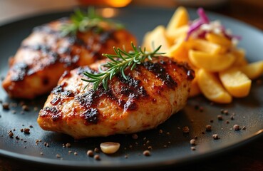 Two juicy grilled chicken breasts served with crispy potato wedges and fresh coleslaw. Rosemary sprigs garnish savory meat and potato side dish. Appetizing dinner meal.