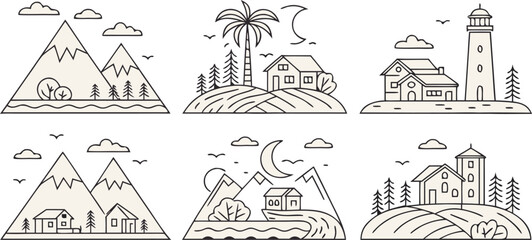 Naklejka premium a collection of minimalist line-art landscape icons, featuring mountains, city buildings, farms, houses, palm trees, lakes, rivers, lighthouses, forests, windmills, and tents — simple geometric outlin