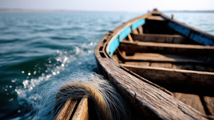 Quiet moment on Ganges captures serene beauty of wooden boat gently floating on calm waters with soft waves lapping against side