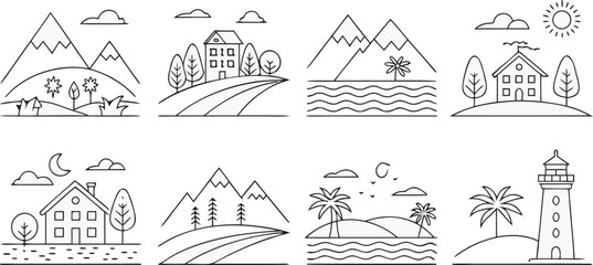 Obraz premium a collection of minimalist line-art landscape icons, featuring mountains, city buildings, farms, houses, palm trees, lakes, rivers, lighthouses, forests, windmills, and tents — simple geometric outlin