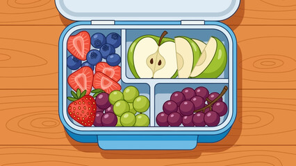 Fresh colorful fruit lunch box with sliced pieces and compartments.