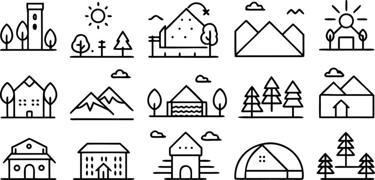 a collection of minimalist line-art landscape icons, featuring mountains, city buildings, farms, houses, palm trees, lakes, rivers, lighthouses, forests, windmills, and tents &mdash; simple geometric outlin