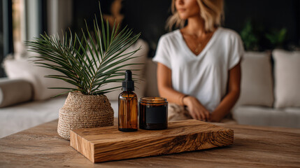 Serene digital detox scene featuring natural items like essential oils and potted plant, creating calming atmosphere for relaxation