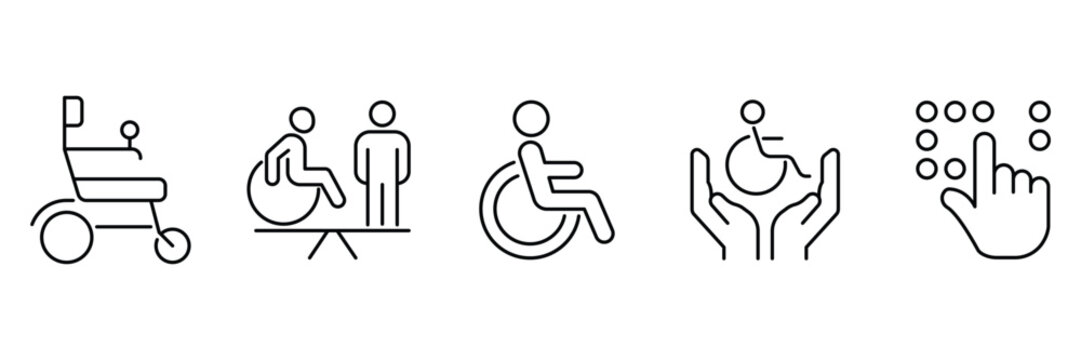 Disability support icon set, wheelchair mobility assistance, accessible communication service, inclusion care hands, braille interface accessibility illustration.