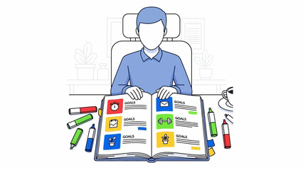 Student at Desk Studying with Open Book and Colorful Markers.