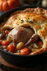 Rustic Thanksgiving turkey pot pie in cast iron skillet