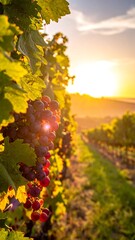 Lush grapes hang on the vine, bathed in the glow of a setting sun over vineyard rows, creating a warm ambiance