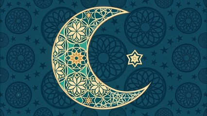 Golden Crescent Moon and Star with Islamic Geometric Patterns, Sacred Ornamentation, Spiritual Symbolism, Decorative Design, AI Generated