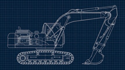 Heavy Construction Excavator Machinery Blueprint with Hydraulic System Details