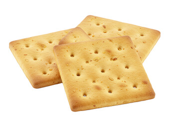 Fototapeta premium Three golden-brown square savory crackers, crisp with perforations and seasoning flecks, casually arranged on a transparent background with soft shadows, concept for food advertising