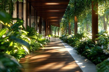 Luxury Hotel Corridor with Potted Green Plants and Warm Natural Light.