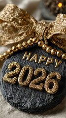 Golden 2026 celebration ornament with textured numbers beads and ribbon arranged on dark stone surface creating elegant festive new year mood