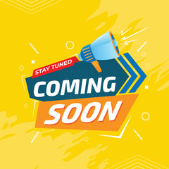 Coming soon template with megaphone,  coming soon banner with flat design, coming soon on yellow background 