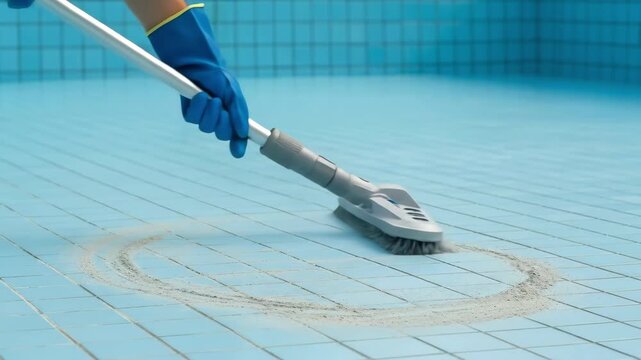 Person in blue gloves cleaning a swimming pool with a net and brush tool to maintain clear water and hygiene.
