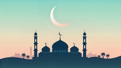Mosque Silhouette with Crescent Moon at Dawn, Spiritual Landscape, Sacred Islamic Scene, Peaceful Morning, Islamic Architecture, AI Generated