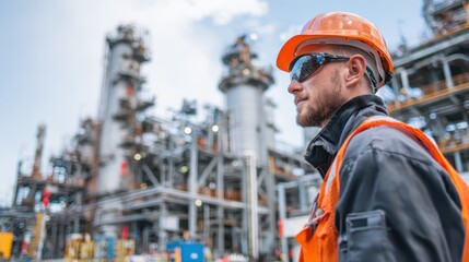 Professional Worker Wearing Orange Safety Gear and Sunglasses at an Industrial Facility with Machinery and Structures in the Background