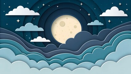 Dreamy Night Sky with Layered Paper Cut Clouds and Moon, Creative Illustration, Celestial Scene, Whimsical Design, AI Generated