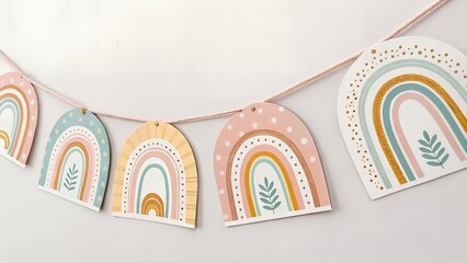 Cute Boho Pastel Rainbow Garland for Nursery or Party Decor, Colorful Decoration, Whimsical Design, Festive Atmosphere, AI Generated