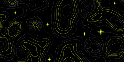 Abstract black background with swirling yellow lines and scattered star shapes