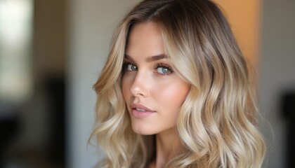Beautiful woman with blonde wavy hair shows balayage coloring technique. Expert stylist creates trendy hairstyle. Elegant female admires new look. Beauty salon service for modern girl.