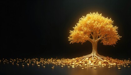 Golden tree grows from pile of coins symbolizing wealth and prosperity. Its roots are deep in money, branches reach high into the dark. Symbol of abundance growth and financial success.