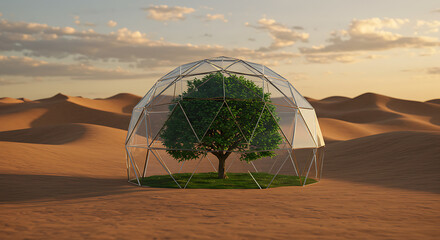 Tree in Geodesic Dome Protecting Environment in Desert