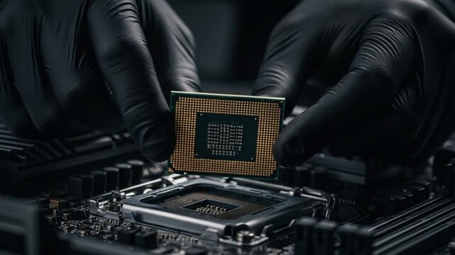 Gloved hands holding a computer processor chip above a motherboard socket