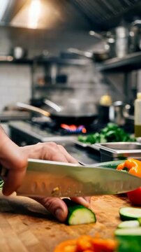 A Chef Skillfully Prepares Fresh Vegetables in a Commercial Kitchen, Showcasing the Art of Culinary Craftsmanship with Vibrant Colors and Precision Techniques