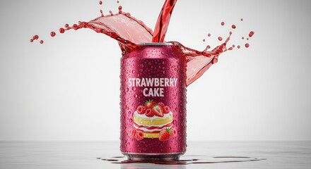 Strawberry soda can with dynamic splash and cake design on label