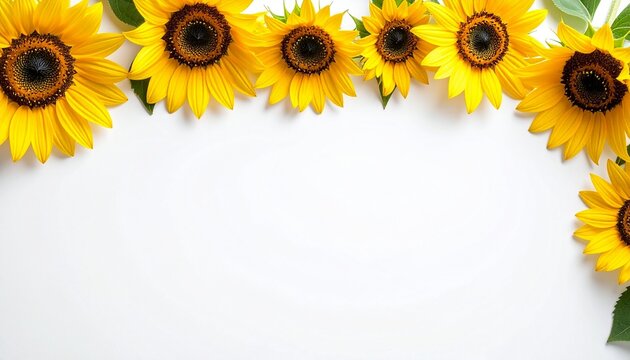 Bright yellow sunflowers forming a cheerful floral border on a clean white background, perfect for summer designs and happy messages - Powered by Adobe