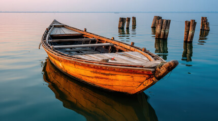 Obraz premium Quiet moment on Ganges reveals weathered wooden boat gently floating on calm waters, surrounded by old wooden posts reflecting serene atmosphere