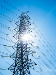 High voltage electric pole power line electric transmission tower background, technology energy...