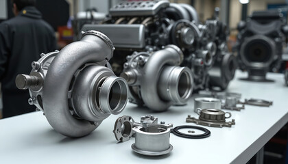 Fototapeta premium Engine turbochargers and metal parts laid out on workshop table. Mechanic stands in background with car engine components on shelves ready for assembly. Clean industrial setting.