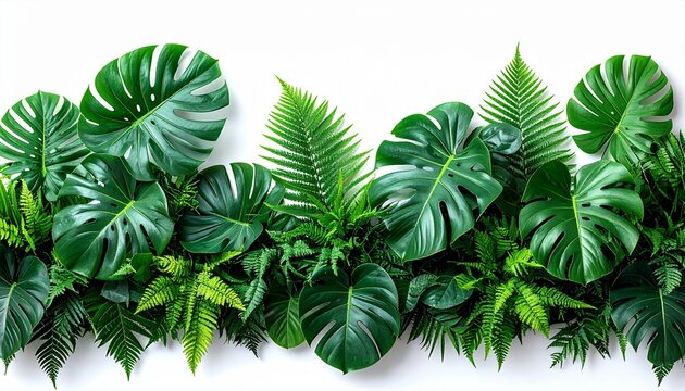 Lush green tropical leaves arranged as a natural foliage border on a white background, creating a fresh and vibrant jungle-inspired design