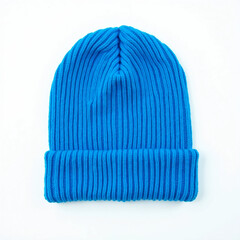 Fluorescent blue knitted beanie isolated on white background
