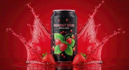Strawberry soda can with fresh strawberries and dynamic red splash