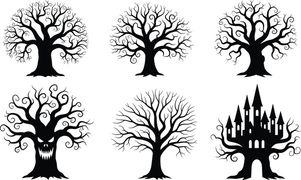 Spooky black tree silhouette collection, fantasy twisted branches, haunted forest elements, gothic nature icons, Halloween design set, isolated white background